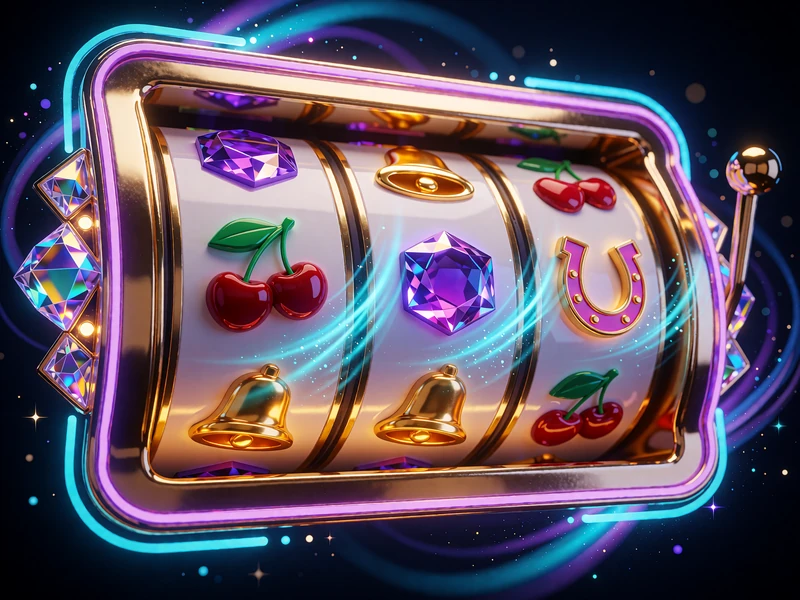 Trzy obracające się bębny automatu w złotej ramie z wiśniami i fioletowym klejnotem - sloty online w Wyns Casino