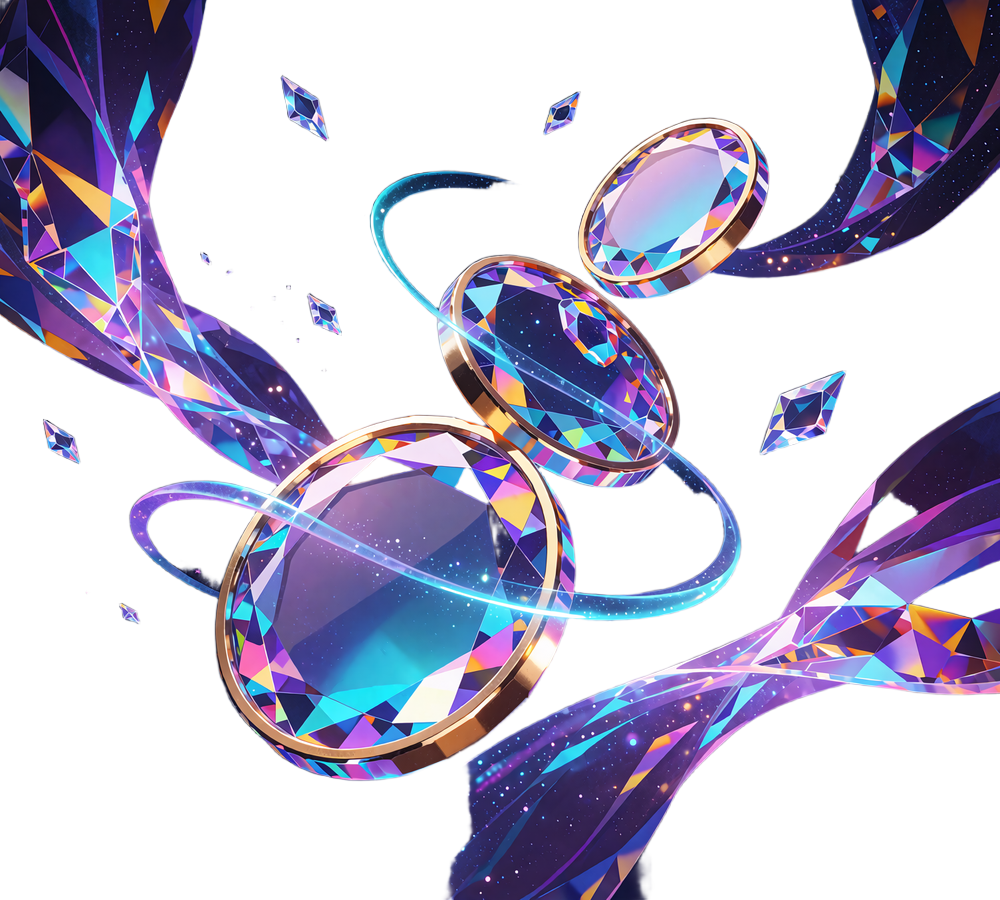 Trzy kryształowe monety ze wstęgą neonowego światła - symbol płatności kryptowalutami w Wyns Casino