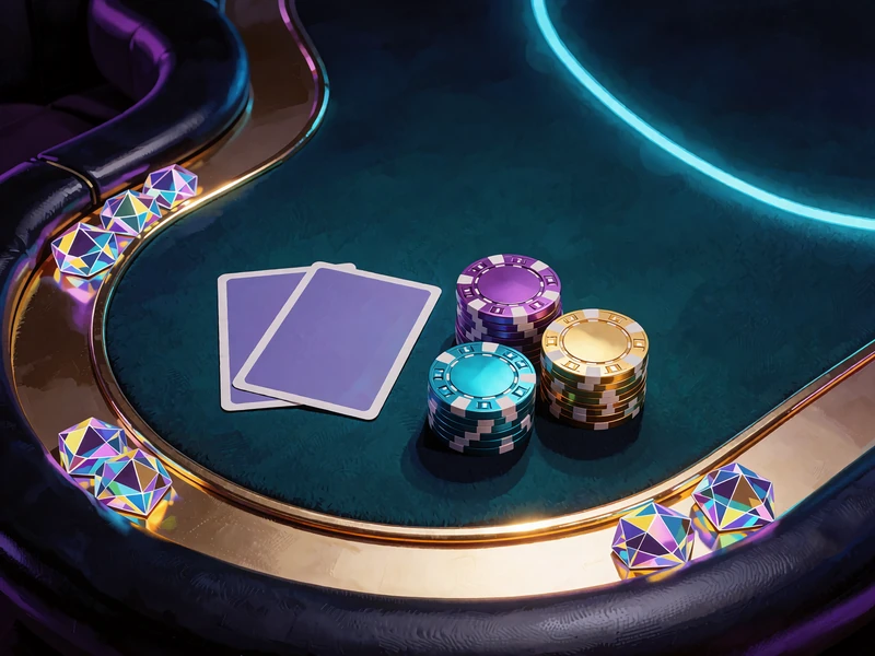 Turkusowy st&oacute;ł z kartami i stosami żeton&oacute;w w złotej oprawie - gry stołowe w Wyns Casino